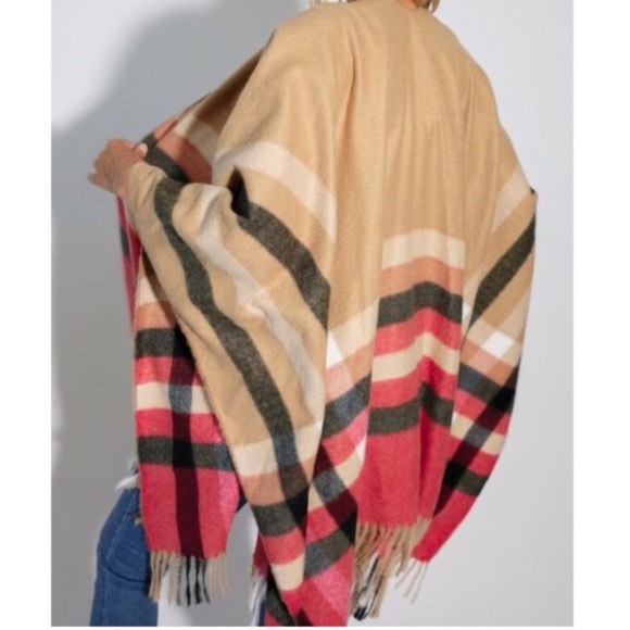 SOLD OUT Multi Color Plaid Fringe Faded Cape Shawl Poncho - Picture 6 of 6